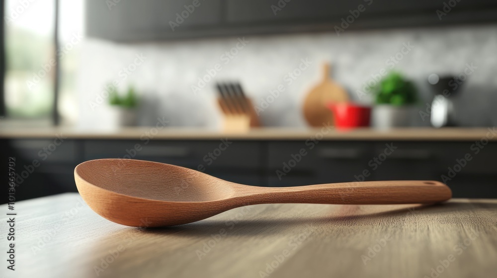 A wooden spoon resting on a kitchen counter, emphasizing cooking and culinary preparation. A wooden spoon resting on a kitchen counter, emphasizing cooking and culinary preparation.