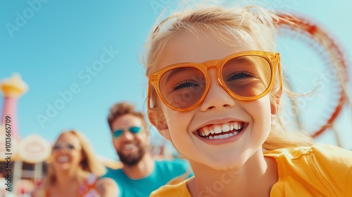 Happy family day with parents and little daughter enjoying outdoor amusement park ride with roller coasters and carousel in background, bonding together, experiencing fun and excitement