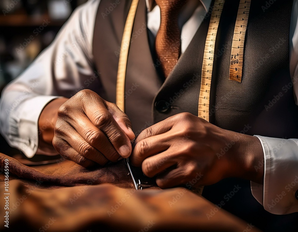 Fototapeta premium A tailor skilled hands meticulously sew a garment, demonstrating the artistry and precision of bespoke tailoring.