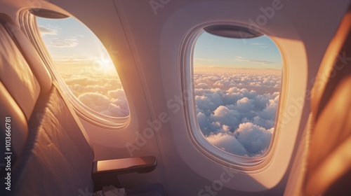 View from an airplane window showcasing clouds and a sunset.