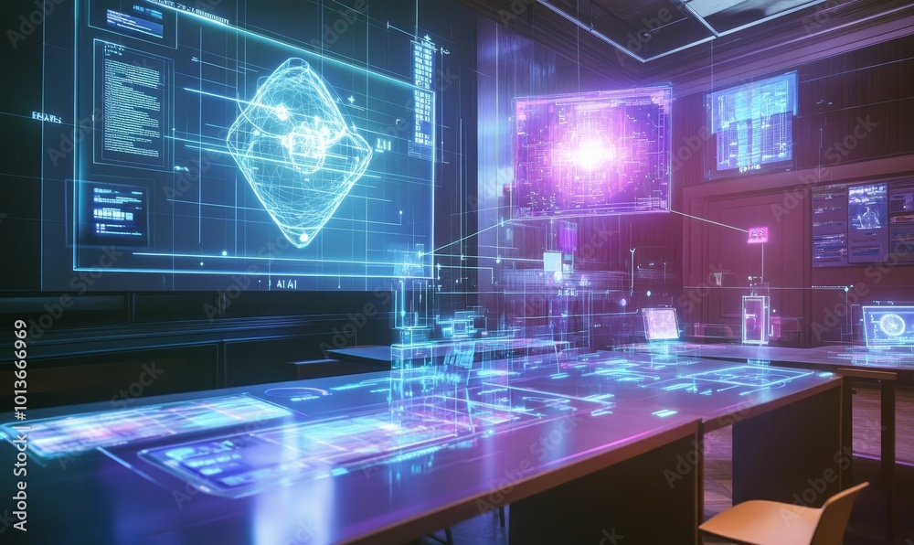 Futuristic office with glowing digital displays. Futuristic office with glowing digital displays.