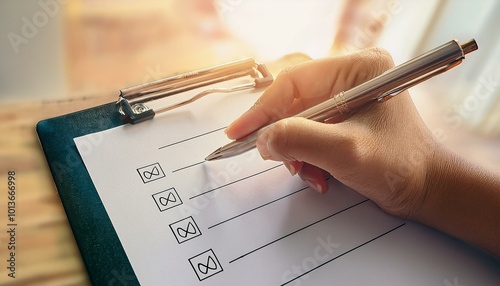 Closeup of a hand completing a to-do list, showcasing the effectiveness of organization and a proactive approach to achieve goals. photo