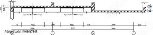 Vector sketch illustration of the silhouette of a technical drawing for a floor plan, ceiling section, roof of a vintage classic house with a size scale 