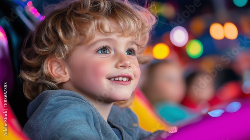 Happy Child at Amusement Park Playful Toddler Fun Fair Ride