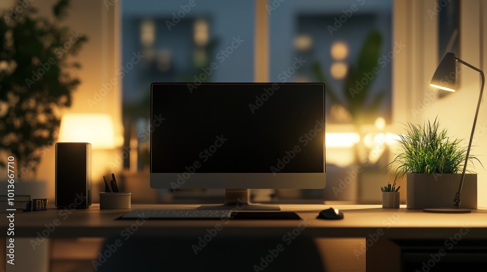 A dimly lit workspace featuring a computer, plants, and ambient lighting. A dimly lit workspace featuring a computer, plants, and ambient lighting.