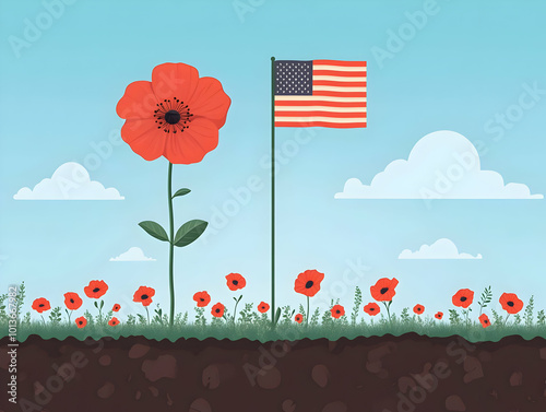 Flat Poppy and folded flag floating above ground concept as A serene image of a poppy and a folded American flag floating above the ground isolated on a white background. The elements represent rememb photo