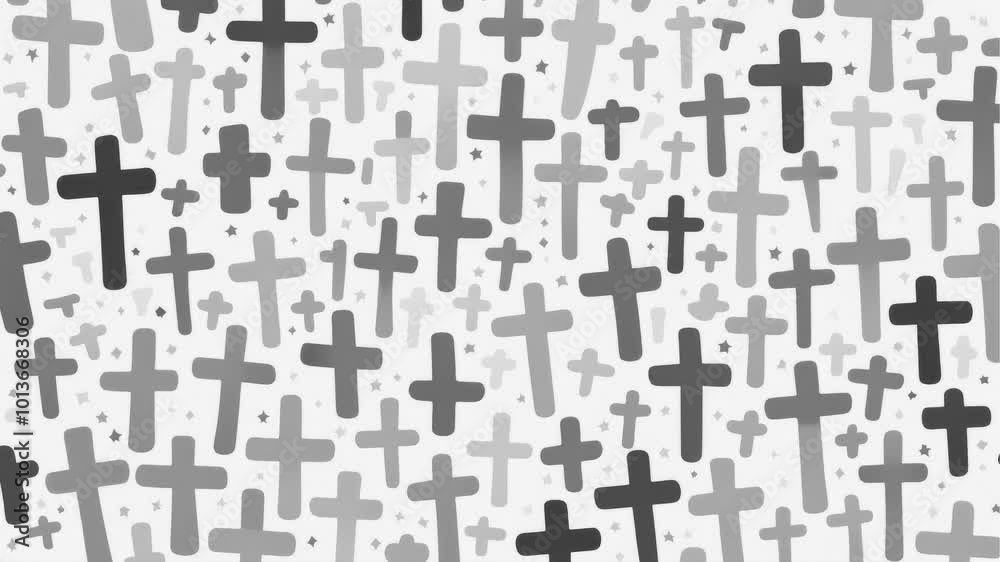 Stop motion cartoon animation,white background with black cristian crosses of different sizes Stop motion cartoon animation,white background with black cristian crosses of different sizes