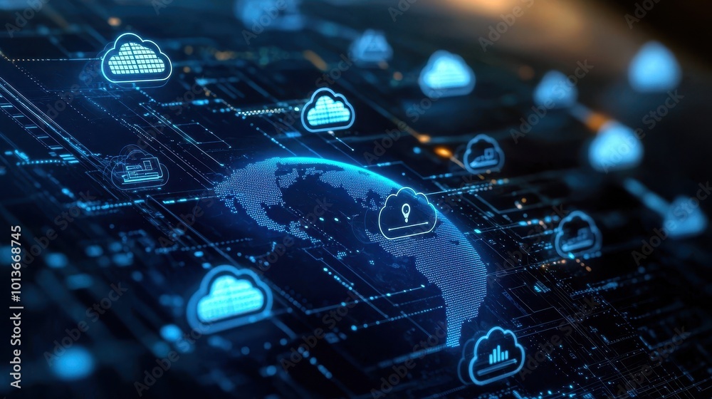 Obraz premium Global network and cloud computing concept with digital connections, futuristic blue background.