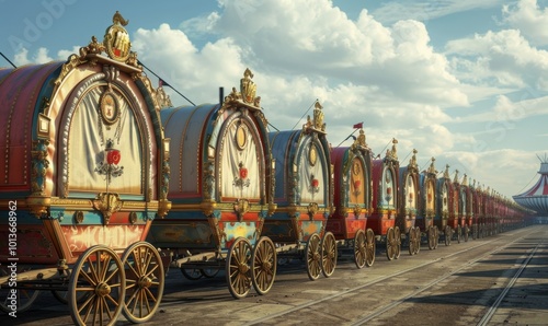 Antique circus wagons lined up in a grand parade, 4K hyperrealistic photo photo