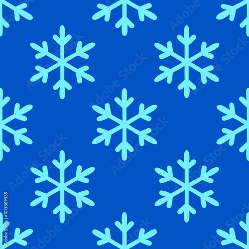 A seamless pattern of Christmas snowflakes on a blue background.