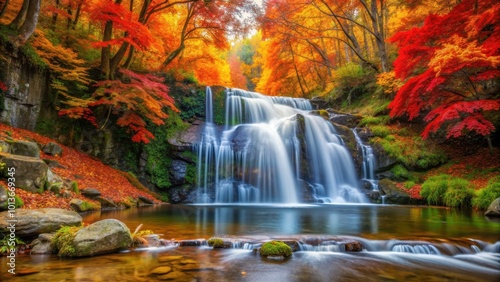 Tranquil waterfall surrounded by vibrant autumn foliage, showcasing the beauty of the changing seasons, waterfall, autumn