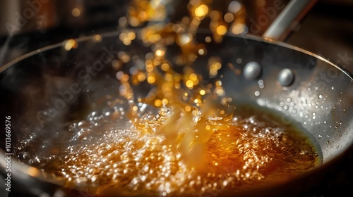 Golden brown liquid sizzles in pan on stovetop, bubbling, spilling over. Frying pan filled with oil, butter, fat. Cooking process, culinary concept, creation, recipe development, chef, kitchen, photo