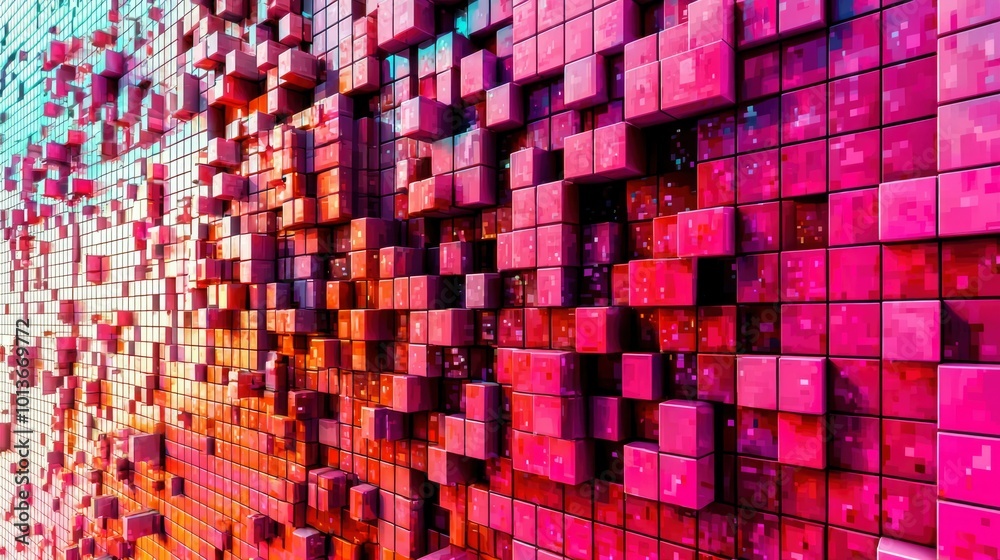 Fototapeta premium Abstract 3D Wall of Pink and Orange Cubes