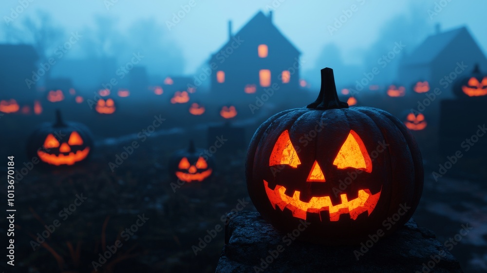Halloween Jack O Lantern with Glowing Eyes and Teeth in Foggy Night Halloween Jack O Lantern with Glowing Eyes and Teeth in Foggy Night