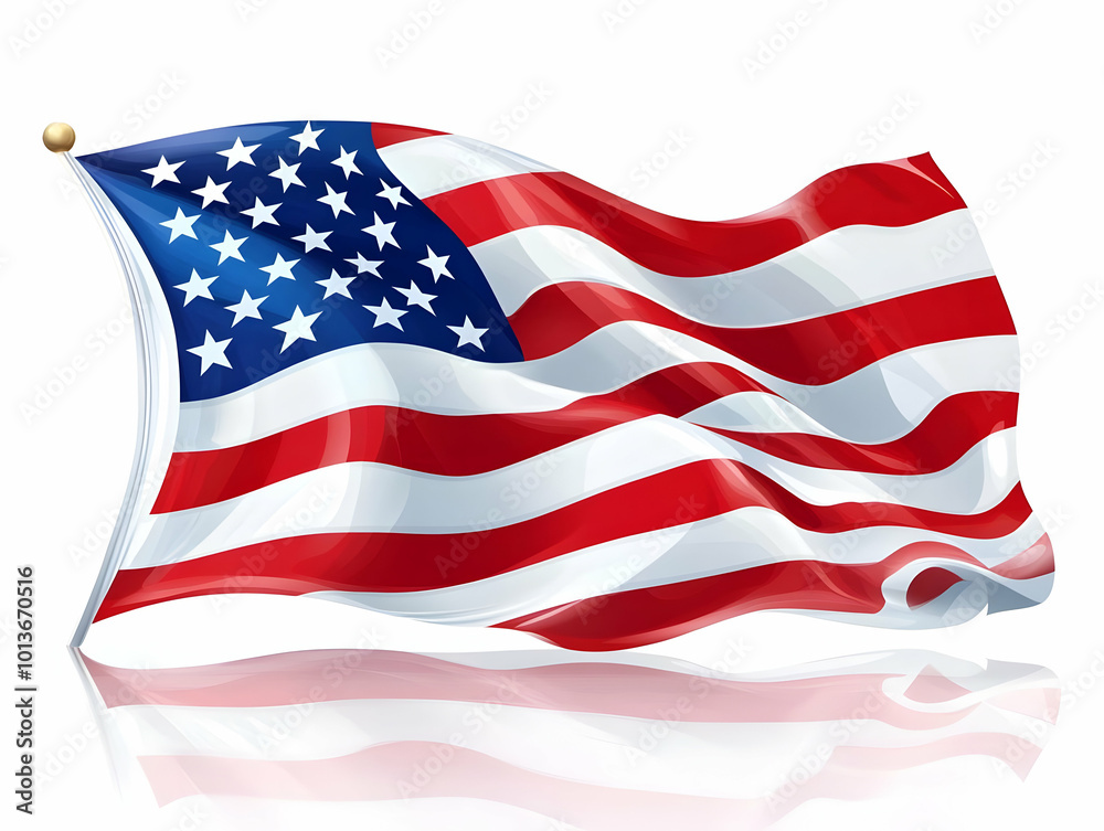 Obraz premium Vibrant Flat Glossy American Flag Waving Over Reflective Background - Symbolizing National Pride and Honor for Veterans Day in Dynamic Vector Illustration