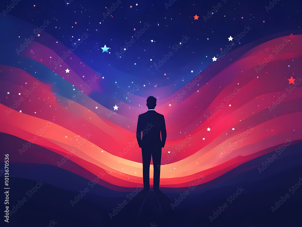Solemn Veterans Day Ceremony with Glowing Abstract Ribbon and Stars - Reflective Digital Art Illustrating Honoring Participants and Significance in Flat Vector Style Solemn Veterans Day Ceremony with Glowing Abstract Ribbon and Stars - Reflective Digital Art Illustrating Honoring Participants and Significance in Flat Vector Style