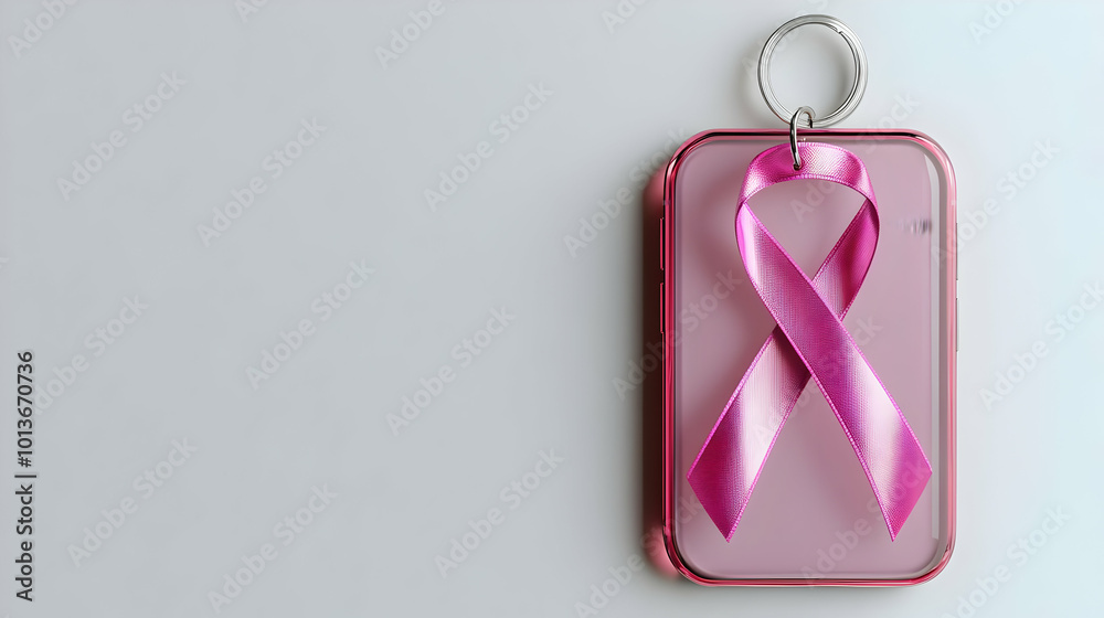 3D Glossy Pink Ribbon and Awareness Keychain on Holographic Phone Case - Modern Image with Copy Space for Breast Cancer Awareness Month, Isolated on White Background 3D Glossy Pink Ribbon and Awareness Keychain on Holographic Phone Case - Modern Image with Copy Space for Breast Cancer Awareness Month, Isolated on White Background