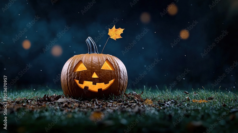 Smiling Halloween pumpkin with leaf, night scene, glowing eyes, spooky atmosphere. Smiling Halloween pumpkin with leaf, night scene, glowing eyes, spooky atmosphere.
