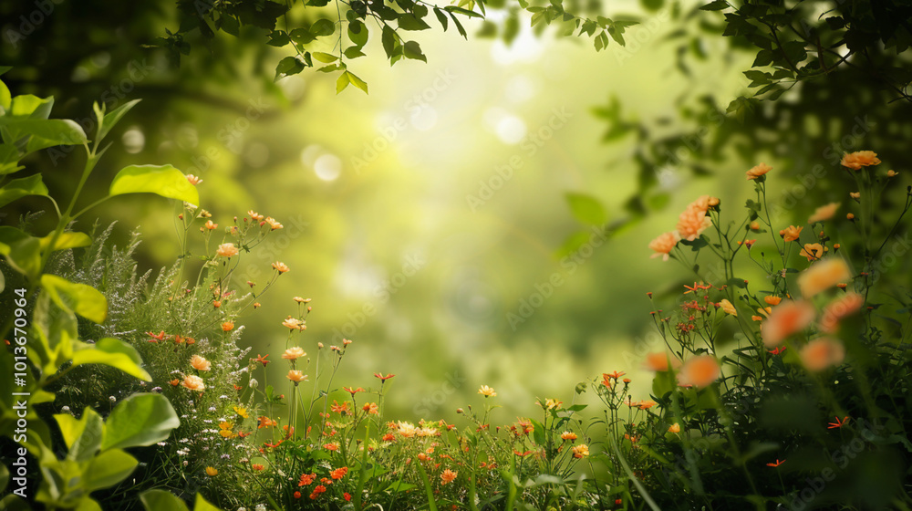 Obraz premium Wildflowers blooming in a lush garden under soft sunlight with a tranquil green background