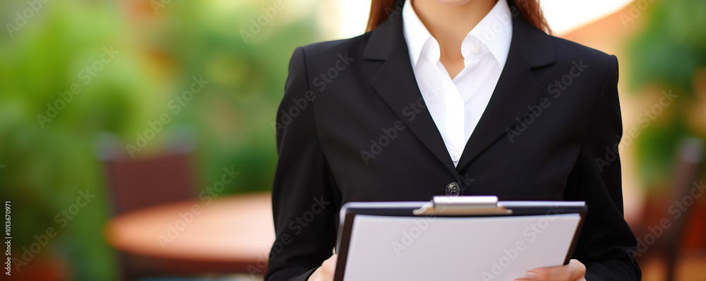 Professional woman in a suit holds a clipboard while standing in a well-lit setting with greenery in the background during daytime Professional woman in a suit holds a clipboard while standing in a well-lit setting with greenery in the background during daytime