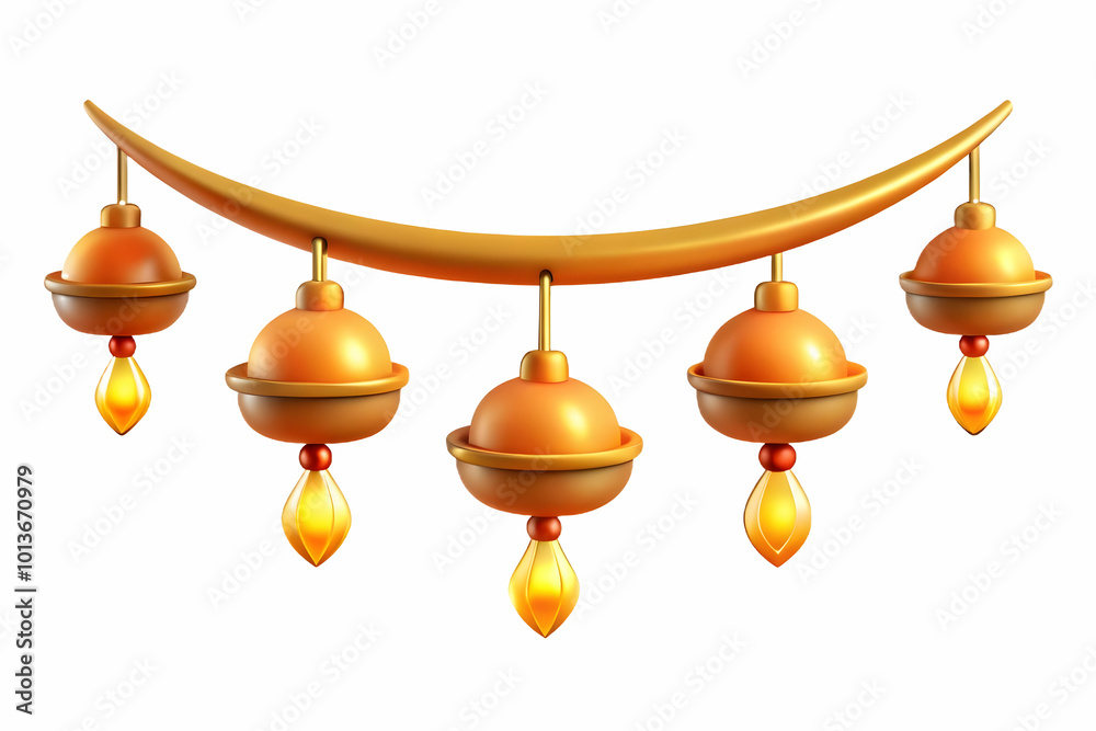 Obraz premium Glowing Diwali Toran with Hanging Bells - Minimalist Abstract Vector Design Isolated on White Background, Perfect for Celebrating the Spirit of Diwali