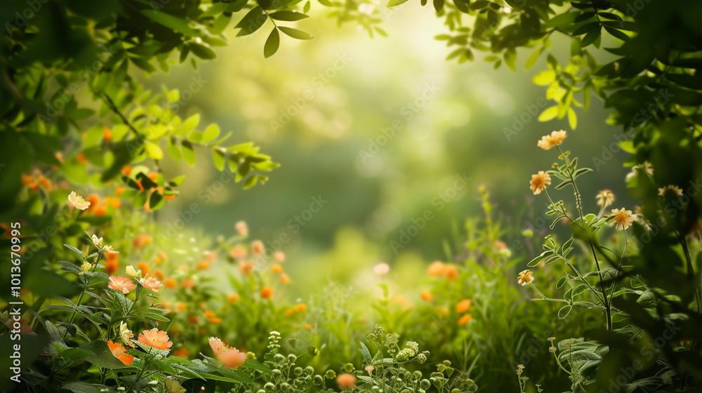 Obraz premium Wildflowers blooming in a lush garden under soft sunlight with a tranquil green background