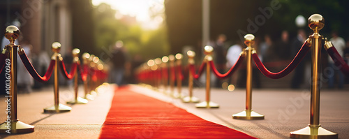 A glamorous red carpet event with golden stanchions and people mingling in the background during sunset