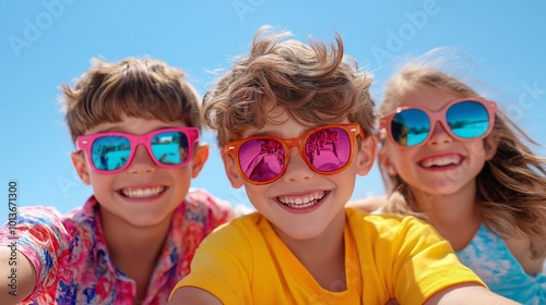 Group of joyful boys and girl taking a selfie outdoors on a sunny summer day, wearing colorful t-shirts and stylish sunglasses, capturing fun moments together with smiles and laughter