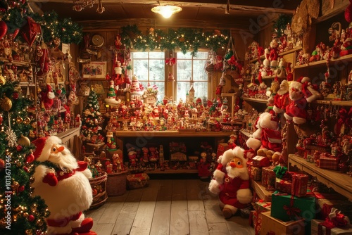 Santa's workshop filled with toys and gifts.