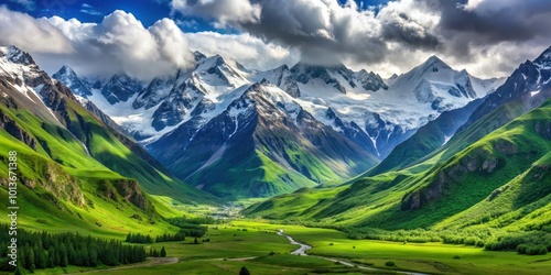 Snow-covered mountains contrasting with a lush green valley below, winter, snow, mountains, valley, landscape, nature, cold