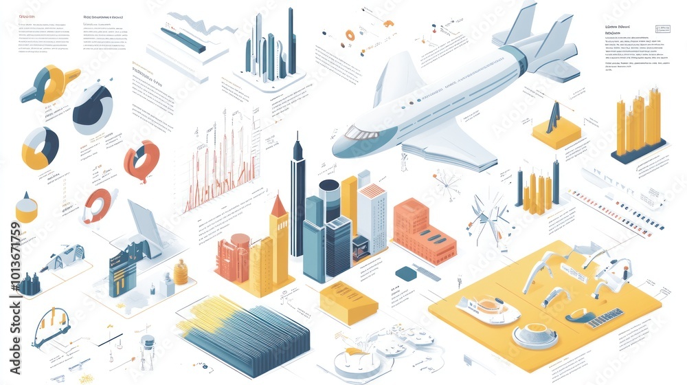Isometric Illustration of a Cityscape with Airplane and Data Visualization Isometric Illustration of a Cityscape with Airplane and Data Visualization