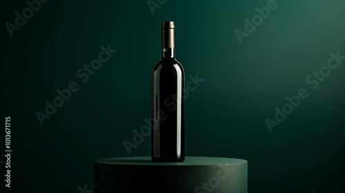 Dark green background, matching pedestal, wine bottle on top, professional lighting from the right, studio photography
