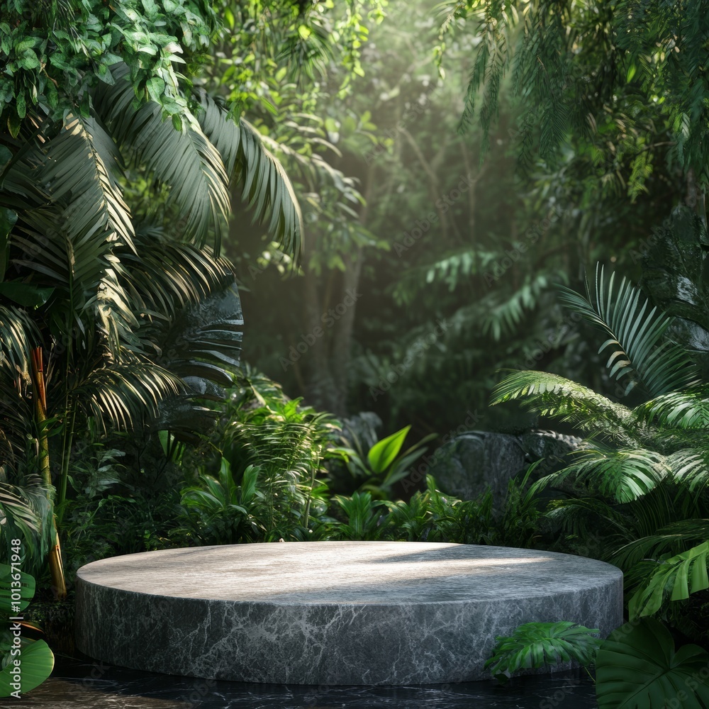 Black marble podium in the tropical garden. 3d render illustration. Black marble podium in the tropical garden. 3d render illustration.