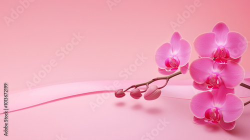 Elegant pink orchids with buds and abstract soft curves on a pastel background