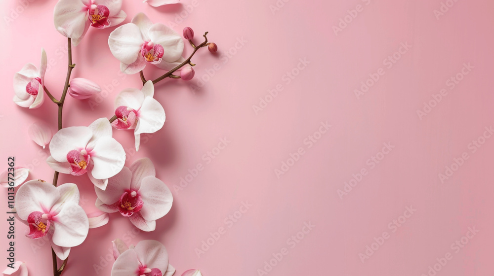 Elegant white and pink orchids with buds on soft pastel pink background. Border frame with copy space Elegant white and pink orchids with buds on soft pastel pink background. Border frame with copy space