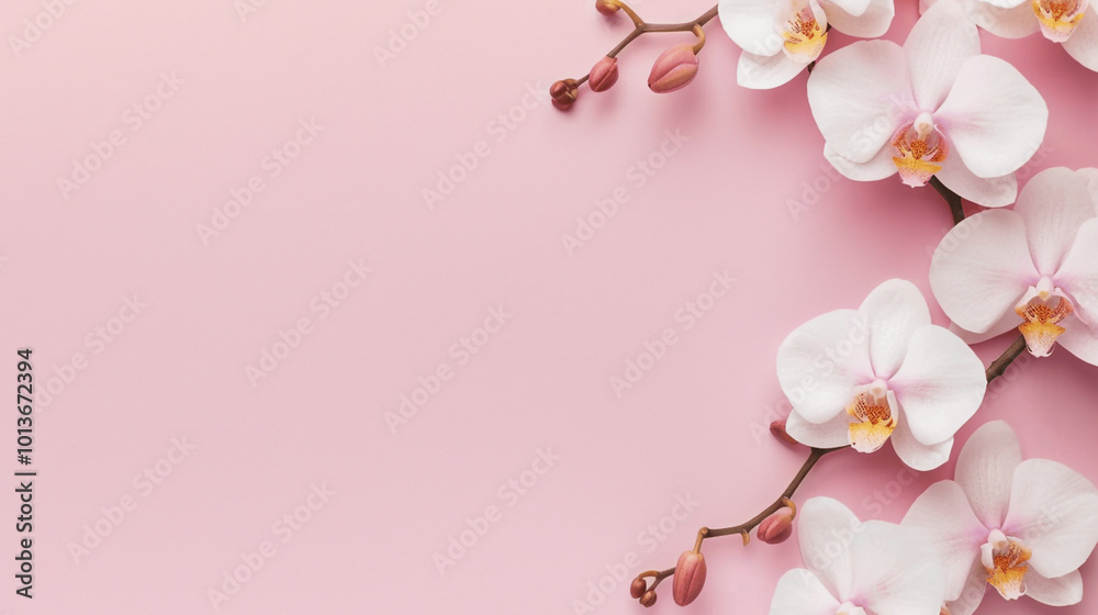 Elegant white and pink orchids with buds on soft pastel pink background. border frame with copy space Elegant white and pink orchids with buds on soft pastel pink background. border frame with copy space