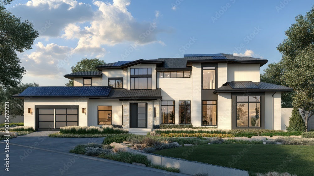 Modern White Brick House with Solar Panels and Landscaping Modern White Brick House with Solar Panels and Landscaping