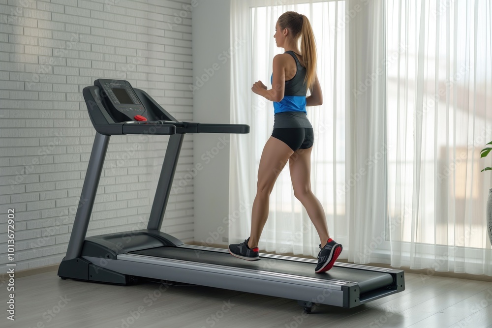 Fototapeta premium Young caucasian woman exercises on black home treadmill in indoor room. She wears black tank top and blue shorts, steps on belt. White brick wall and window with curtains provide natural light.