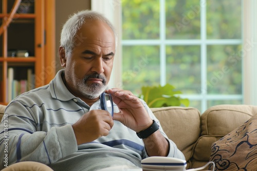 Man in gray striped shirt sits comfortably on beige couch reading book. Holds book in hands, coffee cup on armrest. Soft light, window view of trees, bookshelf in background.