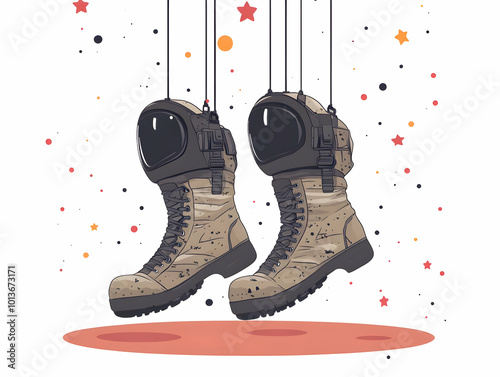 Flat Military boots and helmet suspended in space concept as A powerful image of military boots and a helmet suspended in space as if defying gravity isolated on a white background. The elements repre photo