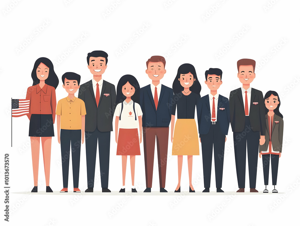 Fototapeta premium Emotional Family Moments at Veterans Day Ceremony - Candid Side Angle Shot of Loved Ones Honoring Their Heroes in Flat Vector Illustration
