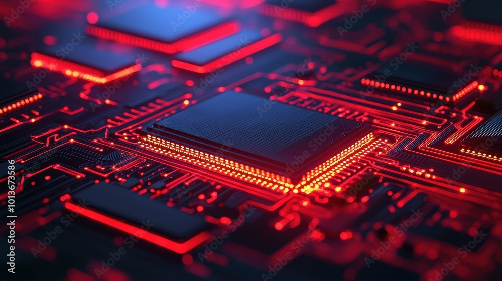 Close-up of a complex circuit board with glowing red lights and microchips on a dark background. Close-up of a complex circuit board with glowing red lights and microchips on a dark background.