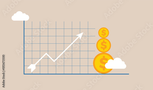 Business income growth concept flat vector illustration, business increase, success, wealth showing on graph chart. Vector flat illustration business concept design.