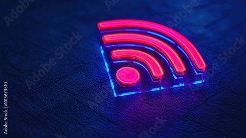 Colorful neon WiFi signal icon glowing in dark space, digital connection concept. photo