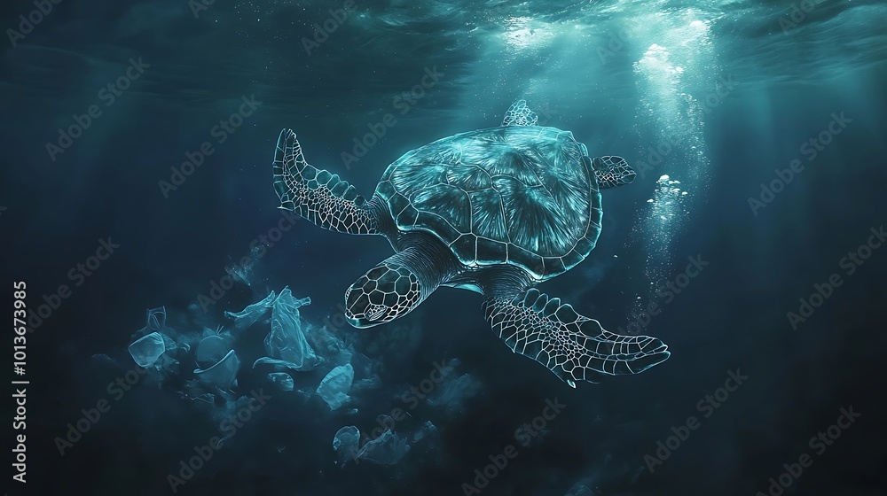 Artistic depiction of a glowing sea turtle amidst ocean pollution in digital art Artistic depiction of a glowing sea turtle amidst ocean pollution in digital art