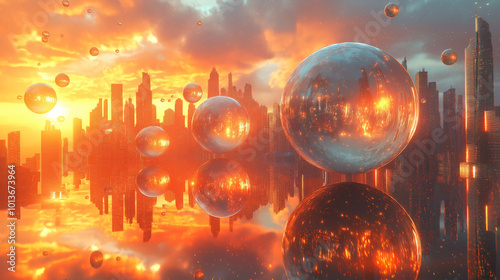 Sunset Cityscape with Floating Spheres 