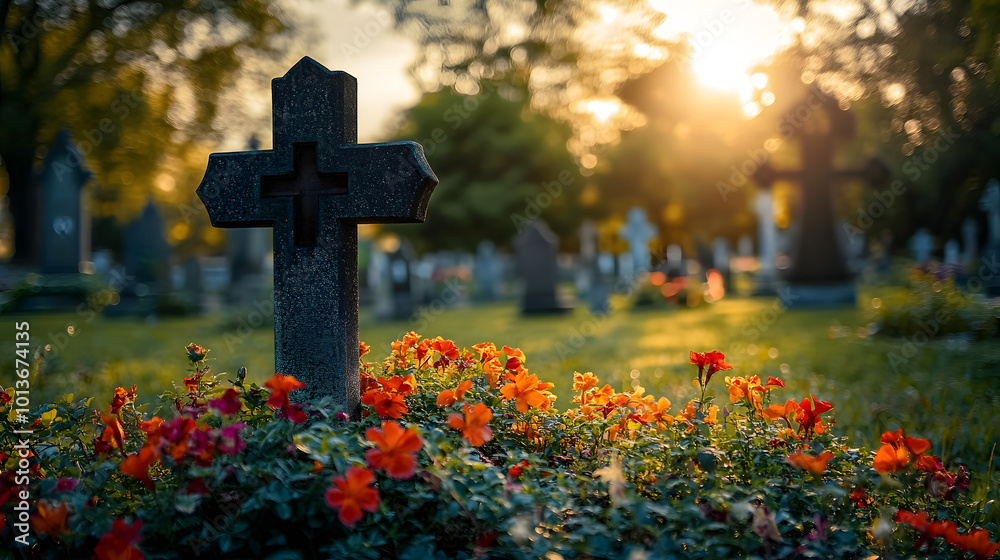 A cemetery with a cross and flowers A cemetery with a cross and flowers