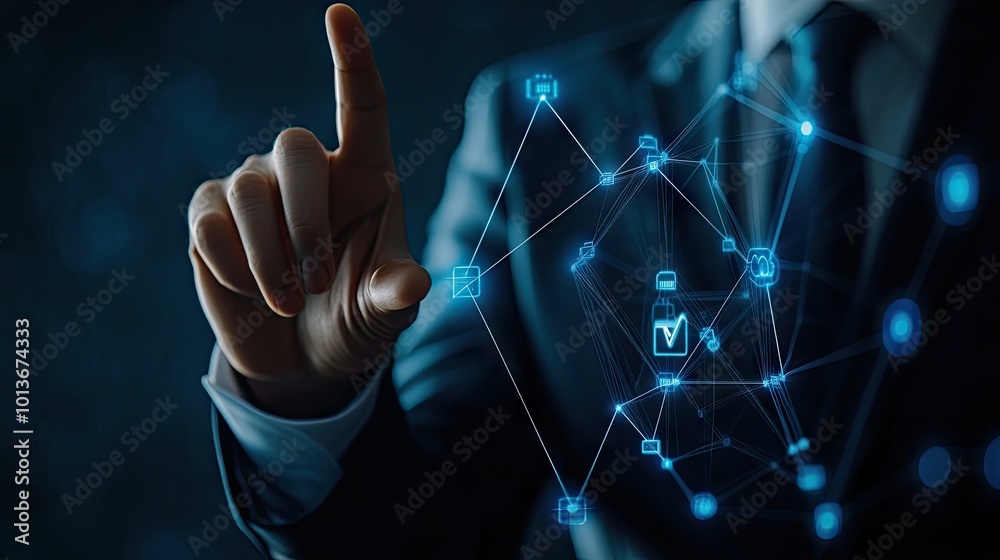 A man in a suit interacting with a digital network interface, showcasing modern technology and innovation. A man in a suit interacting with a digital network interface, showcasing modern technology and innovation.