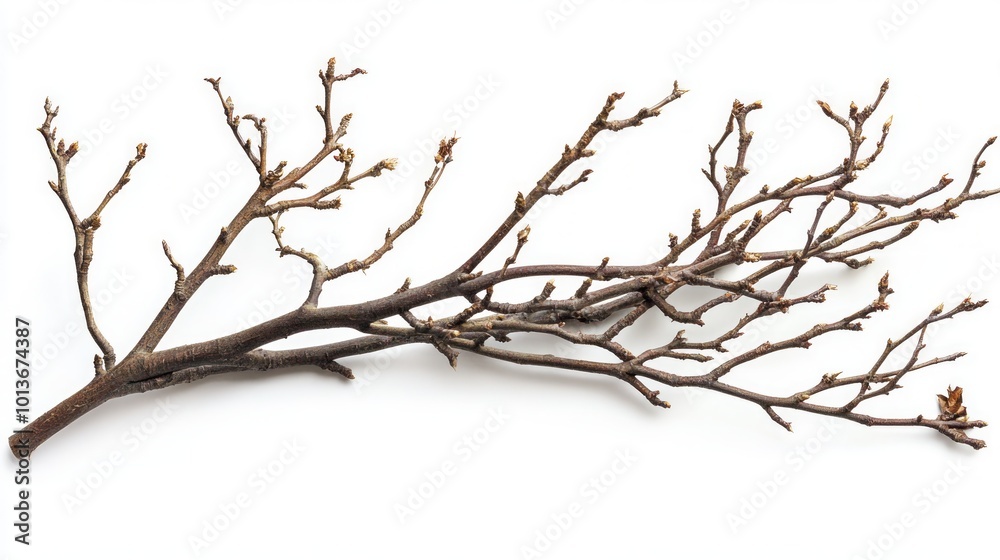 A bare tree branch with buds isolated on a white background. A bare tree branch with buds isolated on a white background.