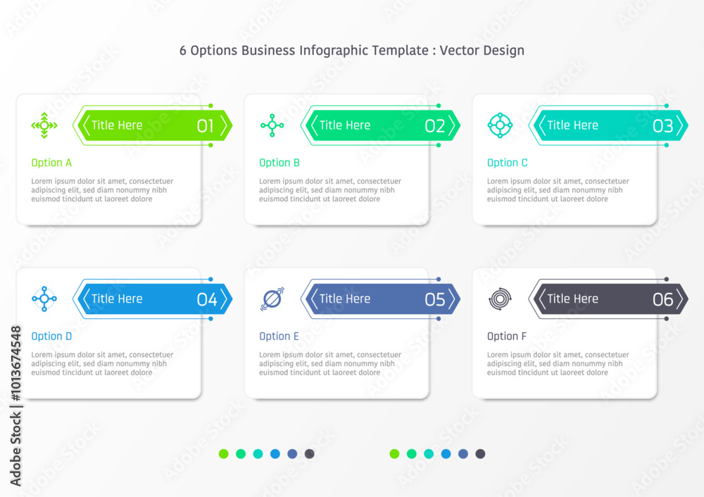 6 options business infographic template, theme of rectangular frame with long hexagon bar, also with symbols and text title